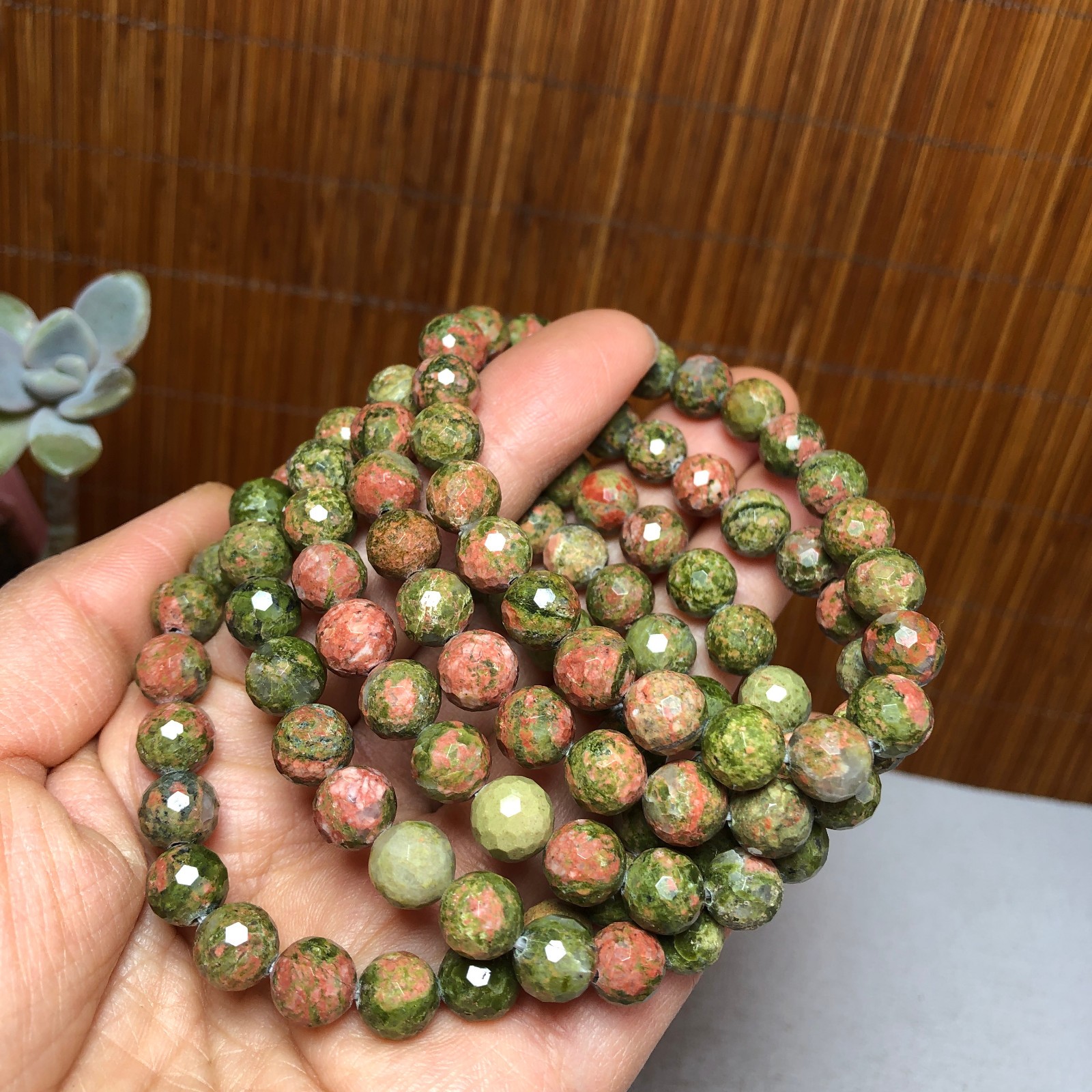 5Pcs Wholesal Natural Polish Unakite stone bracelets Crystal ball 8mm facet 3427