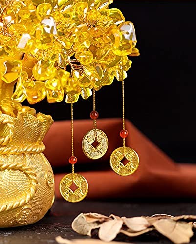 Feng Shui Crystal Money Tree with Dragon Pot Citrine Tree Hangs Lucky Cold Coins