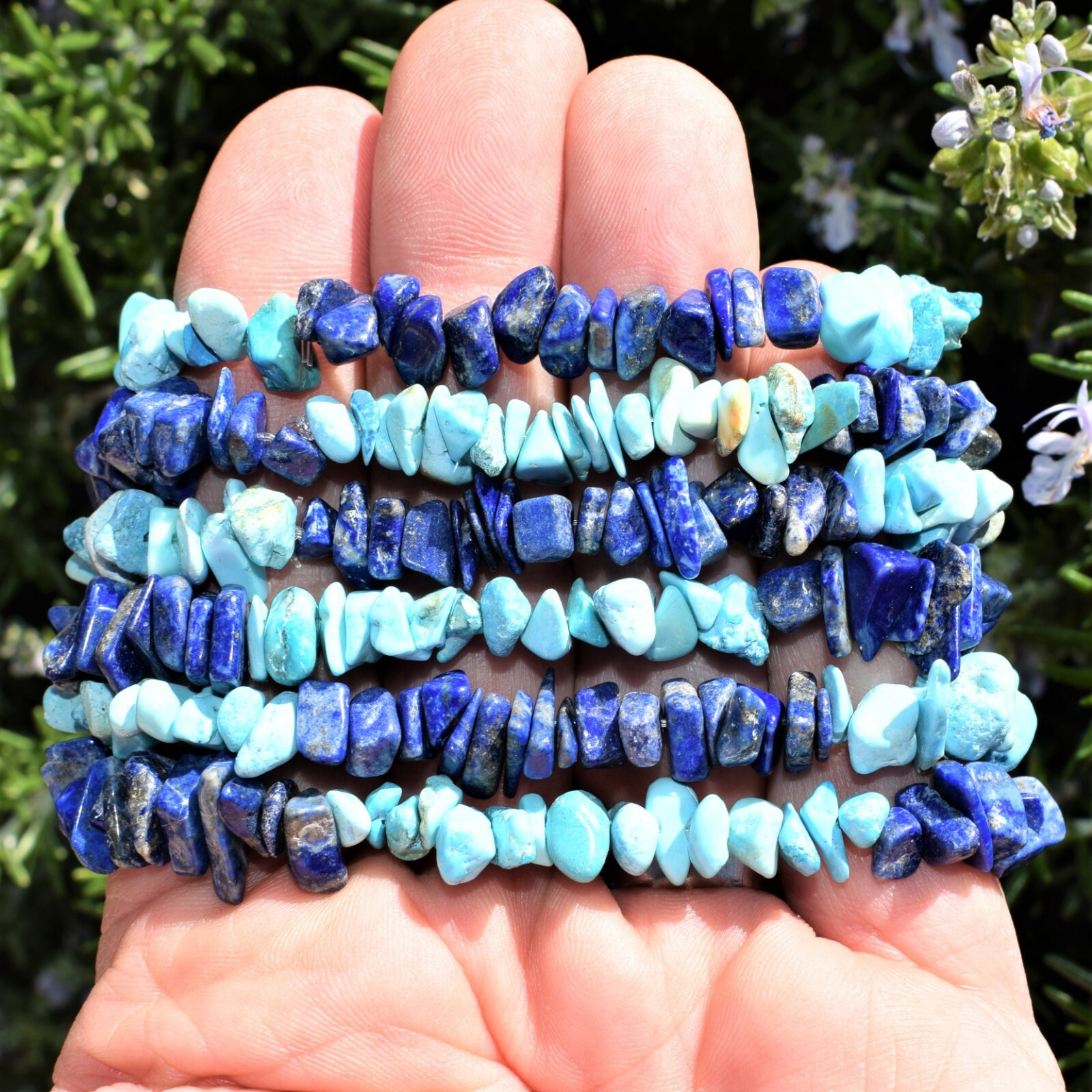 CHARGED Lapis Lazuli & Turquoise Crystal Chip Stretchy Bracelet + Selenite Heart
