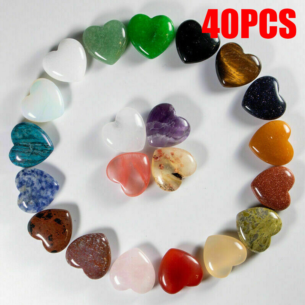 40 PCS 20mm Natural Crystal Quartz Carved Heart Shaped Healing Love Gemstones **