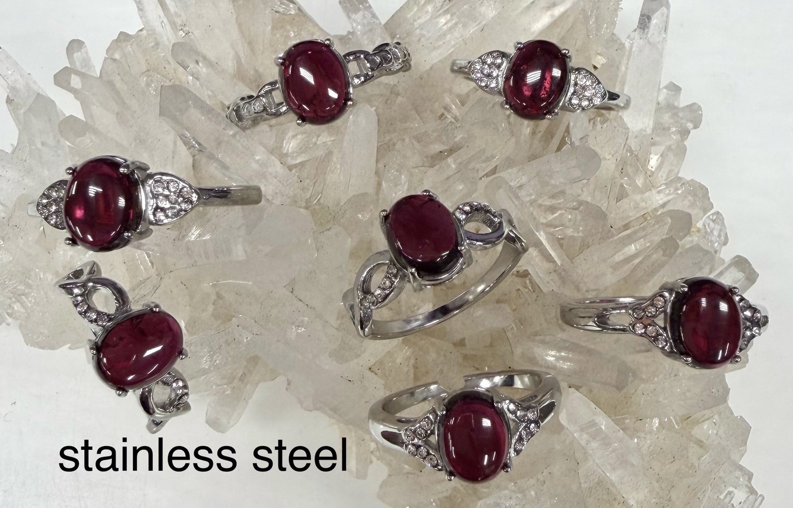 Wholesale 7 Pcs Natural Garnet Stainless Steel(316) Rings Crystal 7x9mm