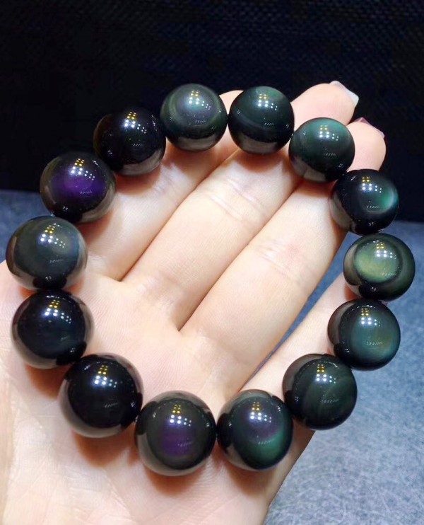 16mm Natural Rainbow Black Obsidian Gemstone Round Beads Stretch Bracelet