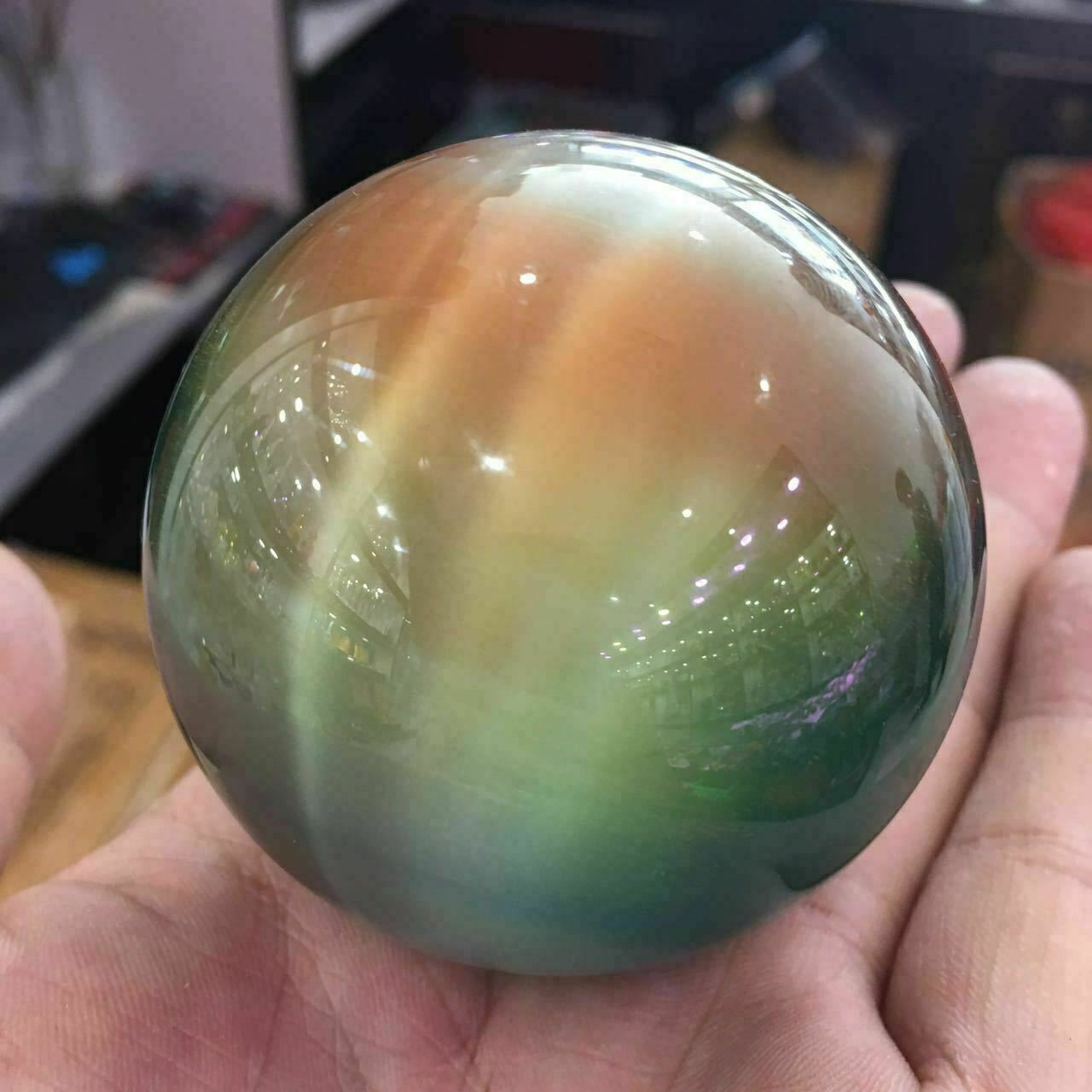 290g Rare Natural Quartz color Cat Eye Crystal Healing Ball Sphere 60mm Stand