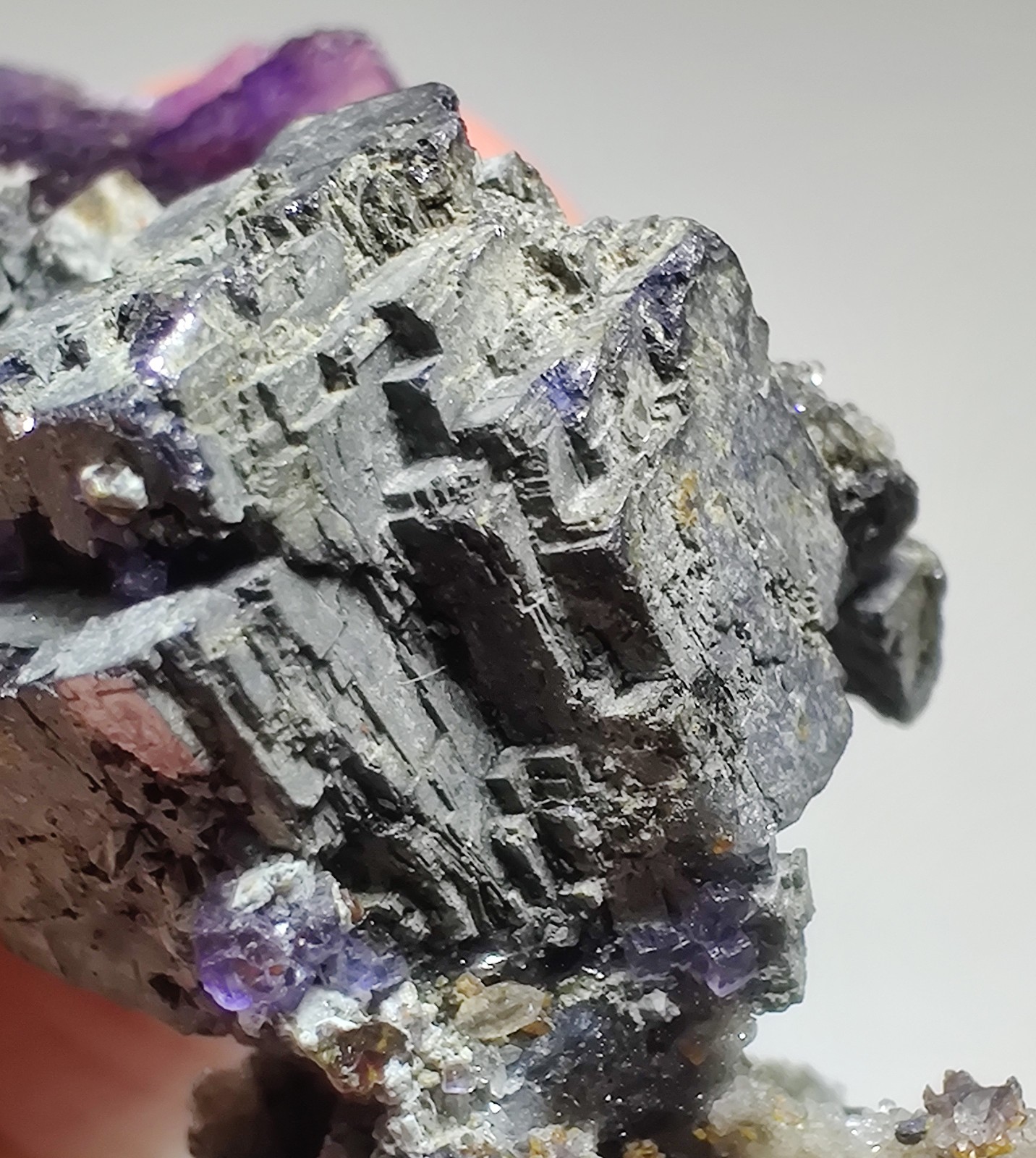 Fluorite on Galena, Sphalerite, Quartz crystals. Illinois. 25 grams.