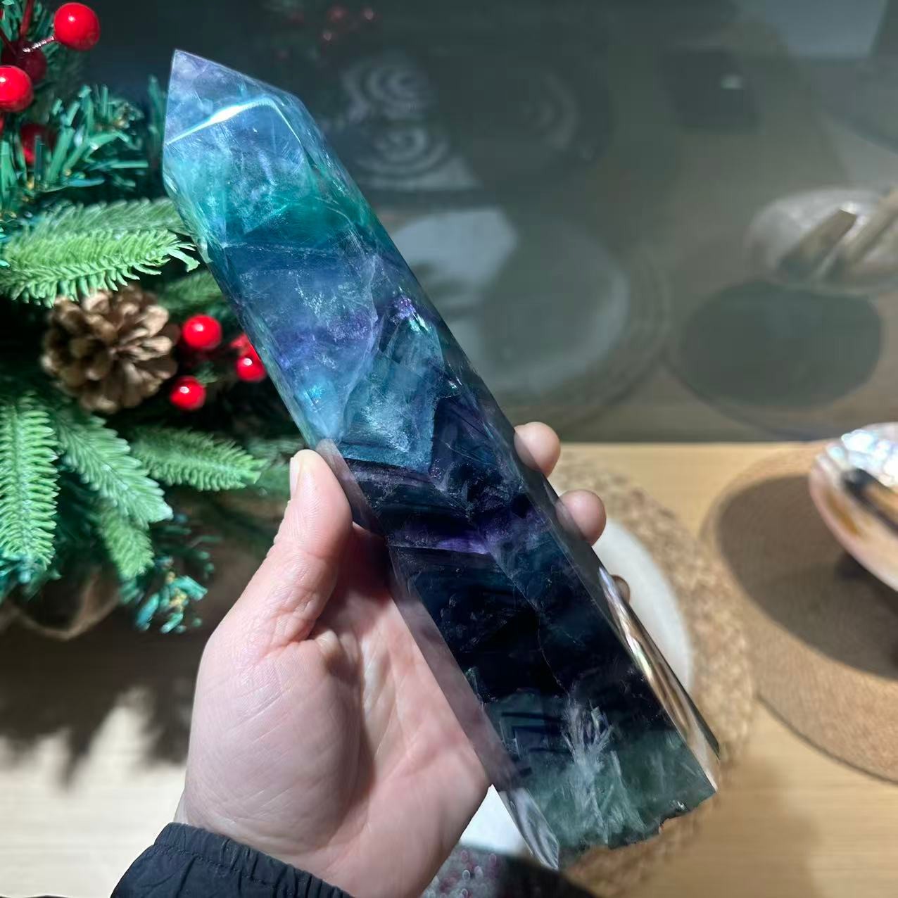 3.14LB 9″ Natural Rainbow Fluorite Tower Obelisk Crystal Healing Quartz Decor