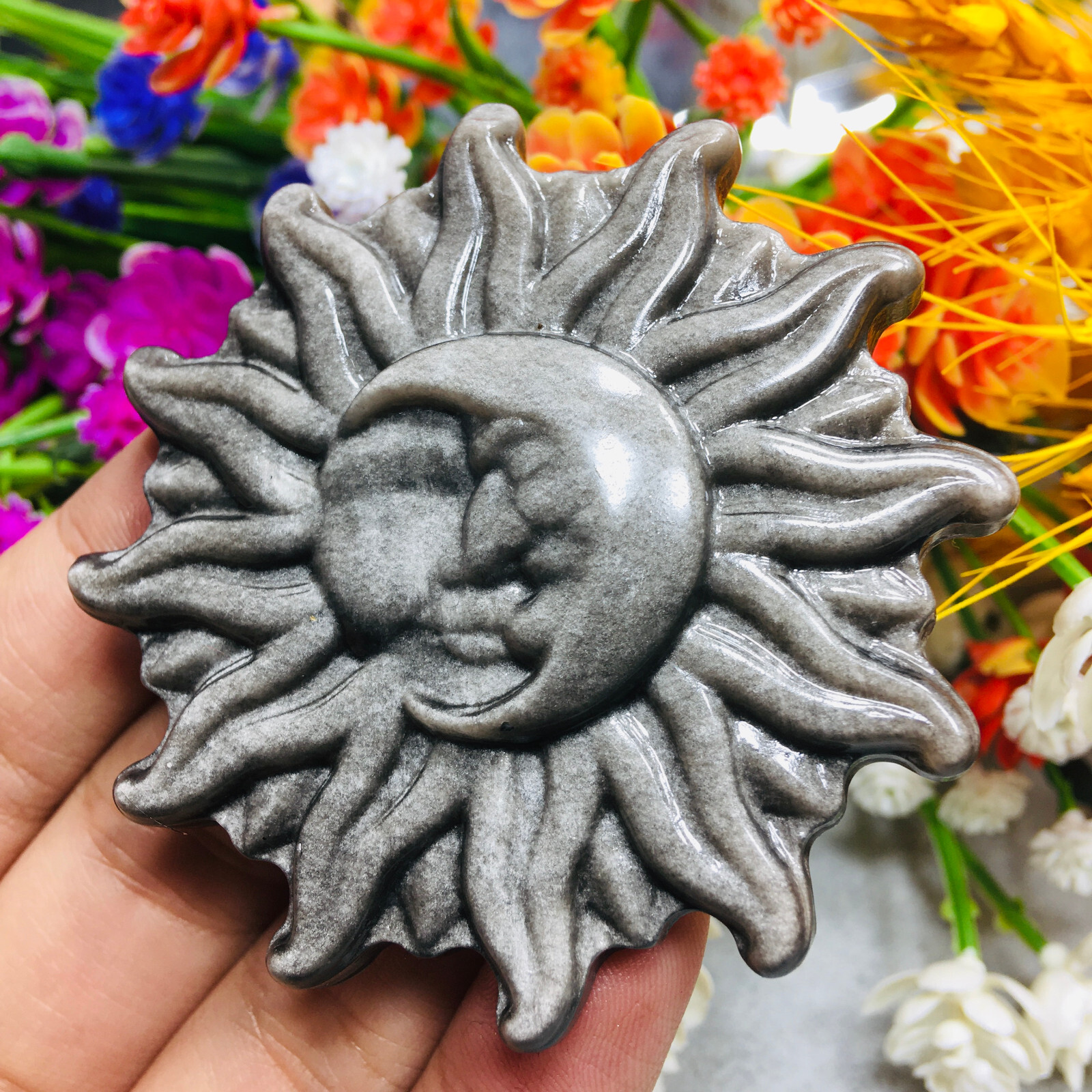 Natural Silver Obsidian Sun Moon Quartz Skull Crystal Specimen Reiki Healing 1pc