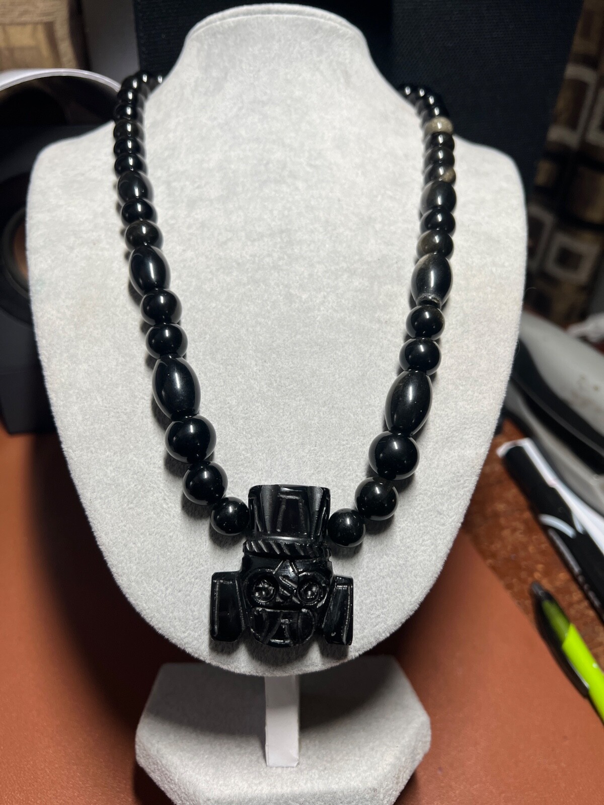 Obsidian Tlaloc Pendant and Gold Sheen Obsidian Beaded Necklace Aztec Mexica #36