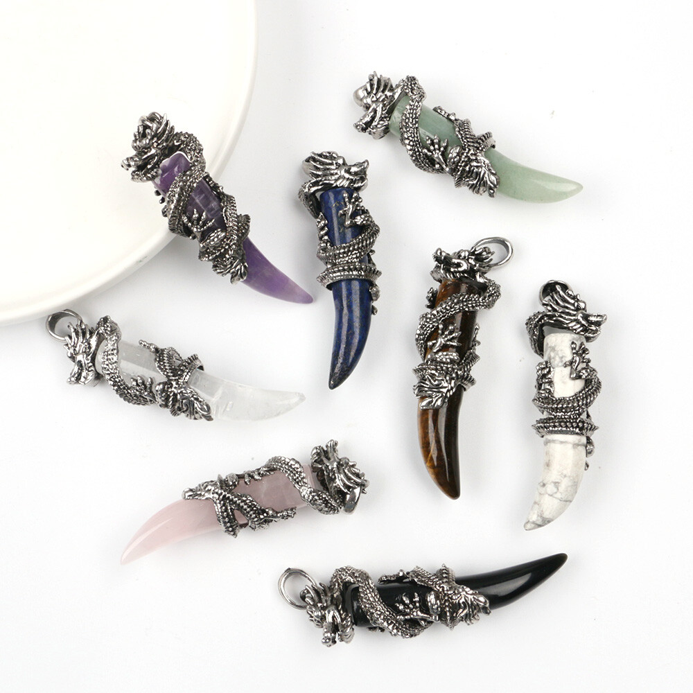 Dragon Wolf Teeth Pendant Natural Crystal Chakra Gems Magic Reiki Healing Amulet