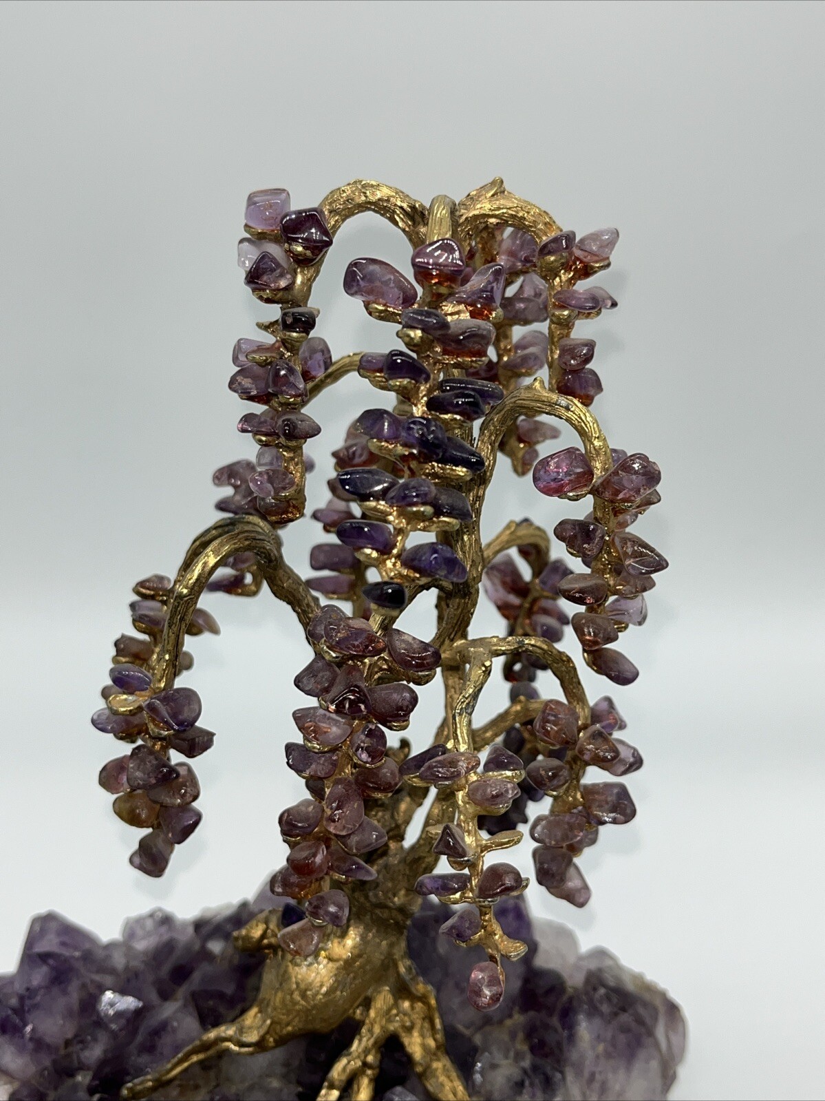 Natural Amethyst Gemstone Rock Gold Tone Tree Of Life Bonsai Sculpture Figurine