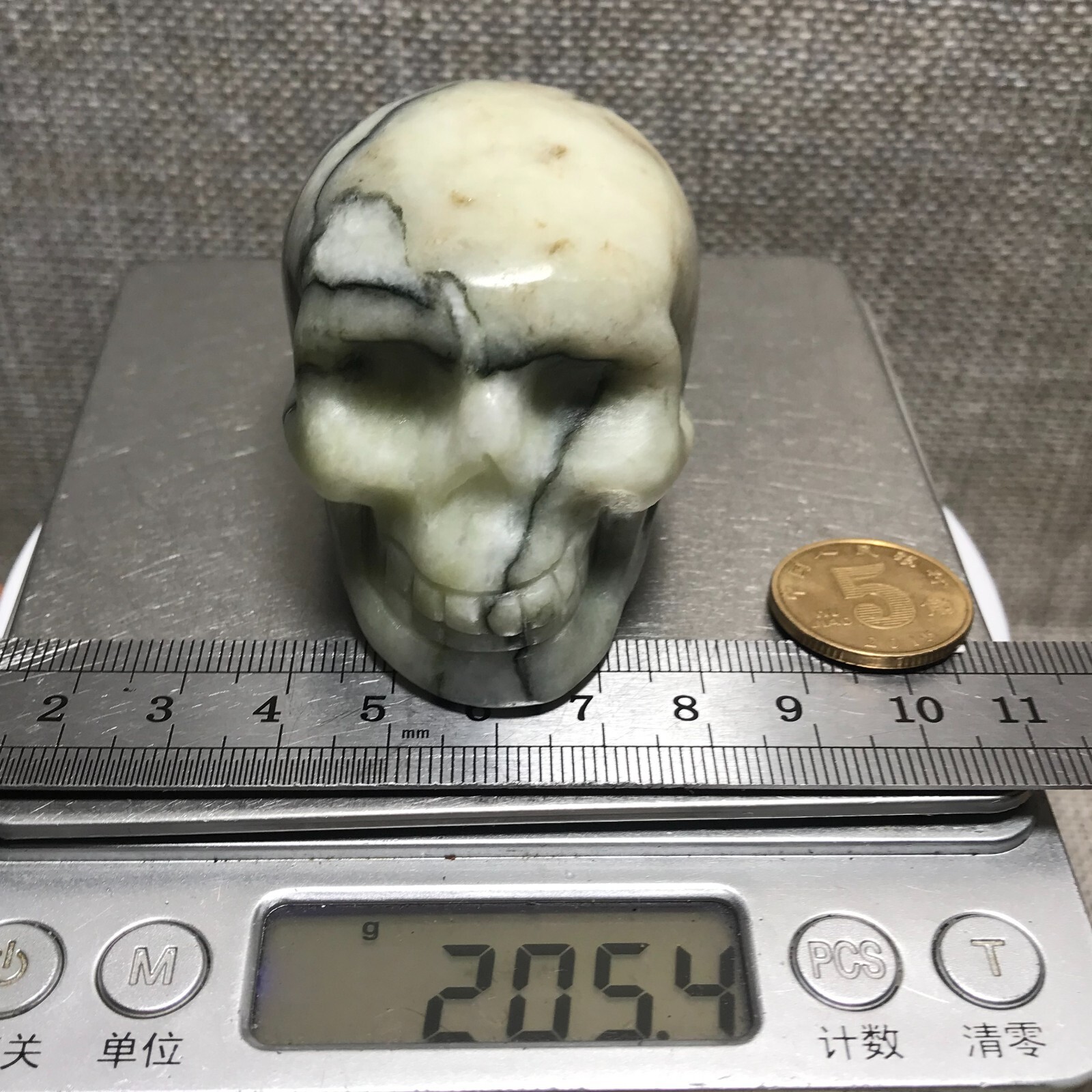 205g Natural Green Network Picasso Jasper Hand Carved Crystal Skull Realistic 10