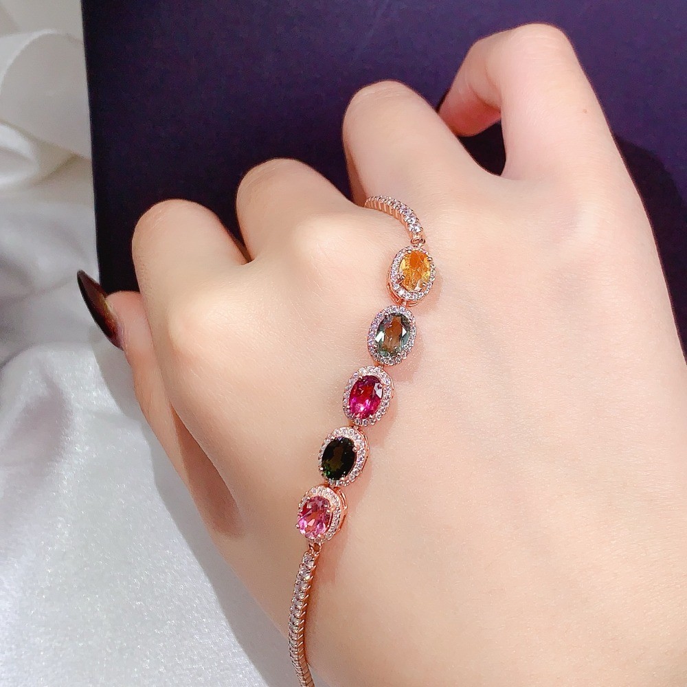 Natural Tourmaline Ruby Gemstone Emerald bracelet S925 Silver Plated 18K Gold