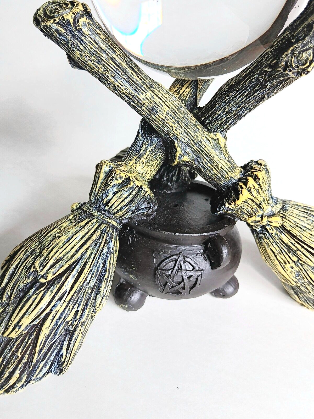 K9 80mm Clear Crystal Ball with Witch Broomstick & Cauldron Stand