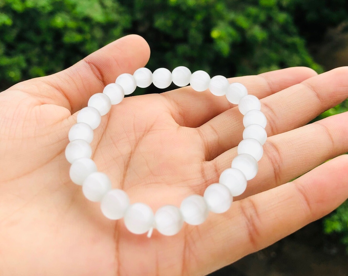 Selenite Beaded Bracelet 7 mm Crystal Healing Fashion Jewelry GIft Wellness Luck