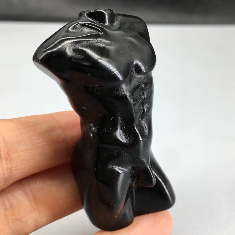 Natural Black Obsidian Male Torso Carving, Hand Carved Crystal Body Figurine