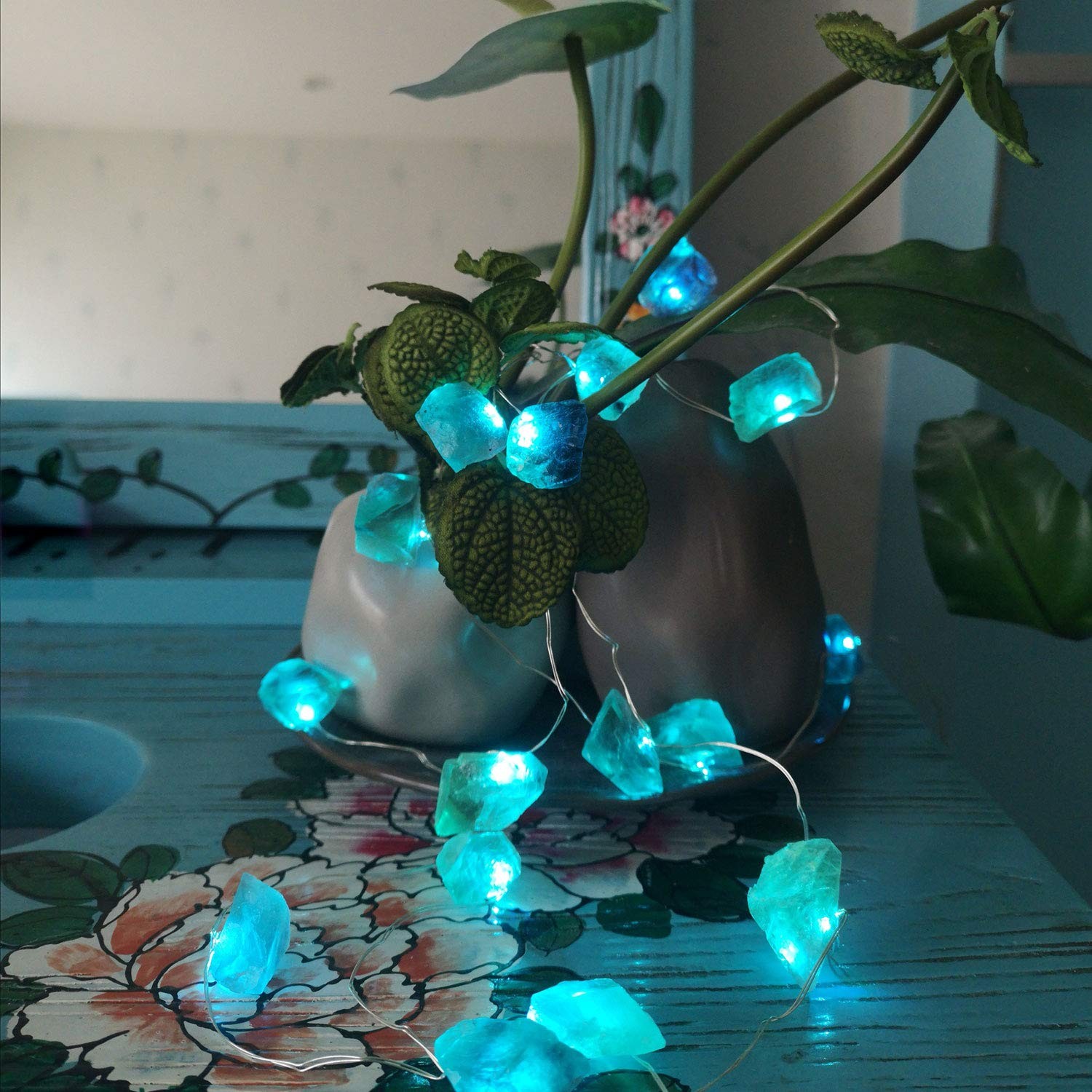 Natural Fluorite String Lights Raw Crystal Decorative Lights Healing Cluster Lit