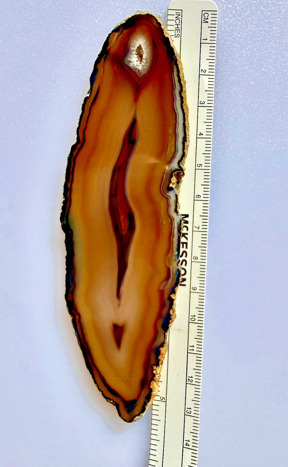 Polished Natural Geode Translucent Crystal Agate Slice Tan Banding 51grs & 5″L