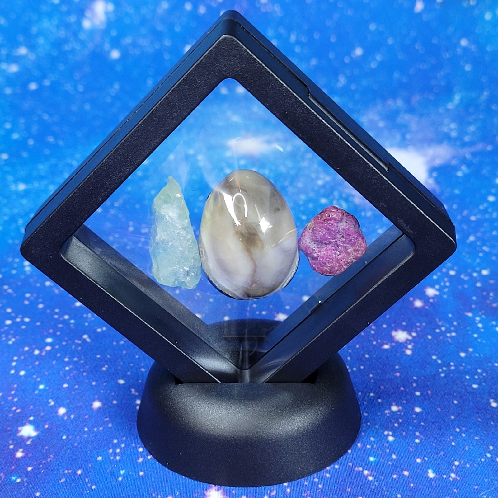 3 UV Glow Reactive Minerals: Ruby, Volcano Agate, Fluorite in Floating Display