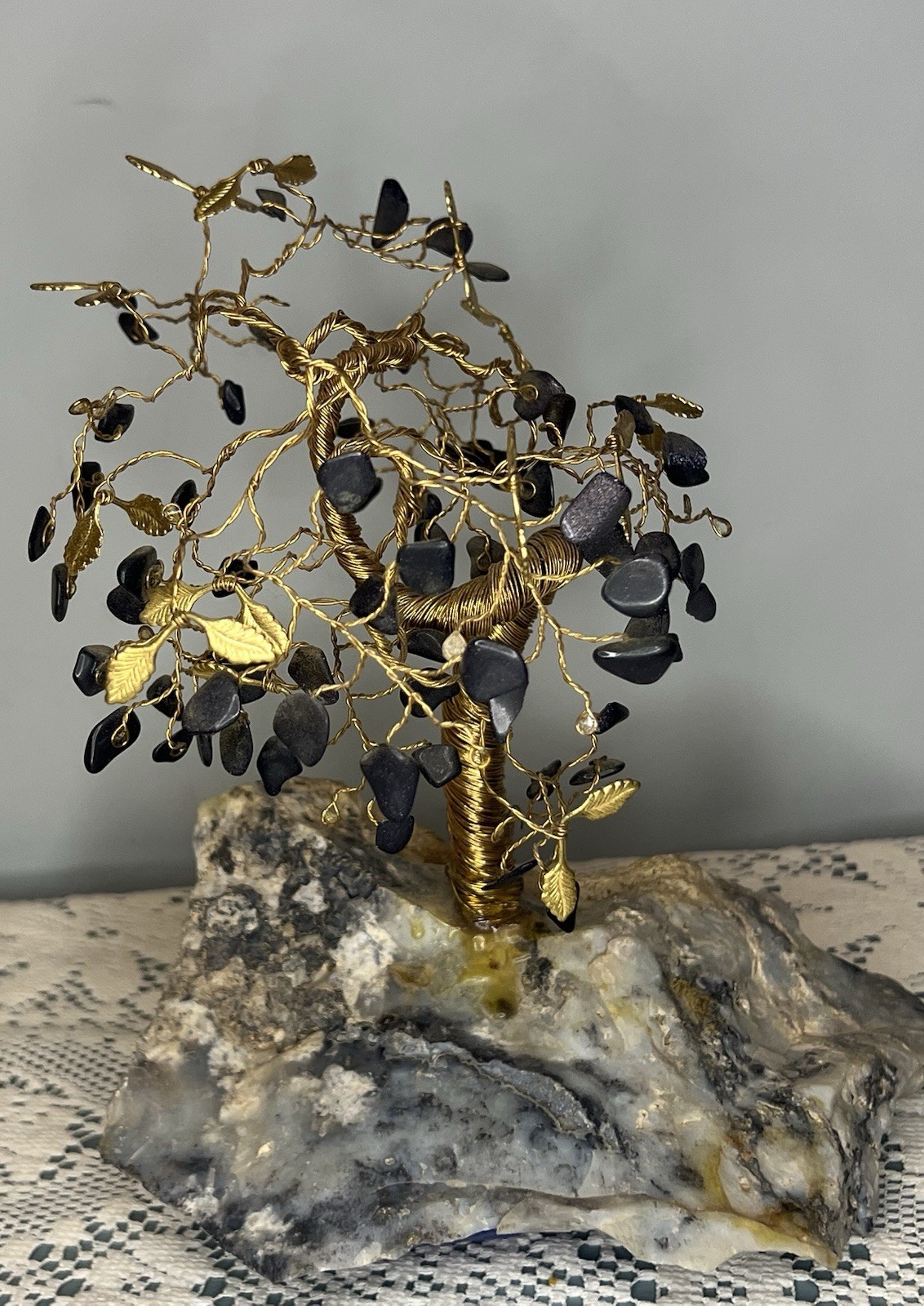 Vintage MCM Gemstone Twisted Brass Wire Tree of Life Bonsai – V3