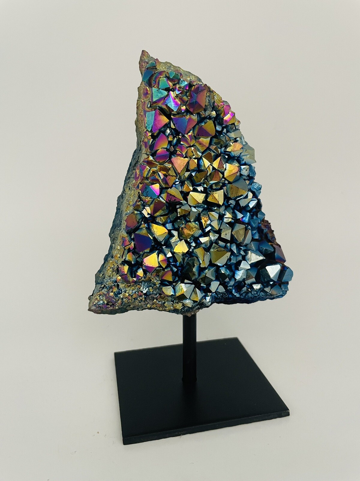 Colorful Rainbow Aura Titanium Quartz Crystal Bismuth cluster On Metal Stand