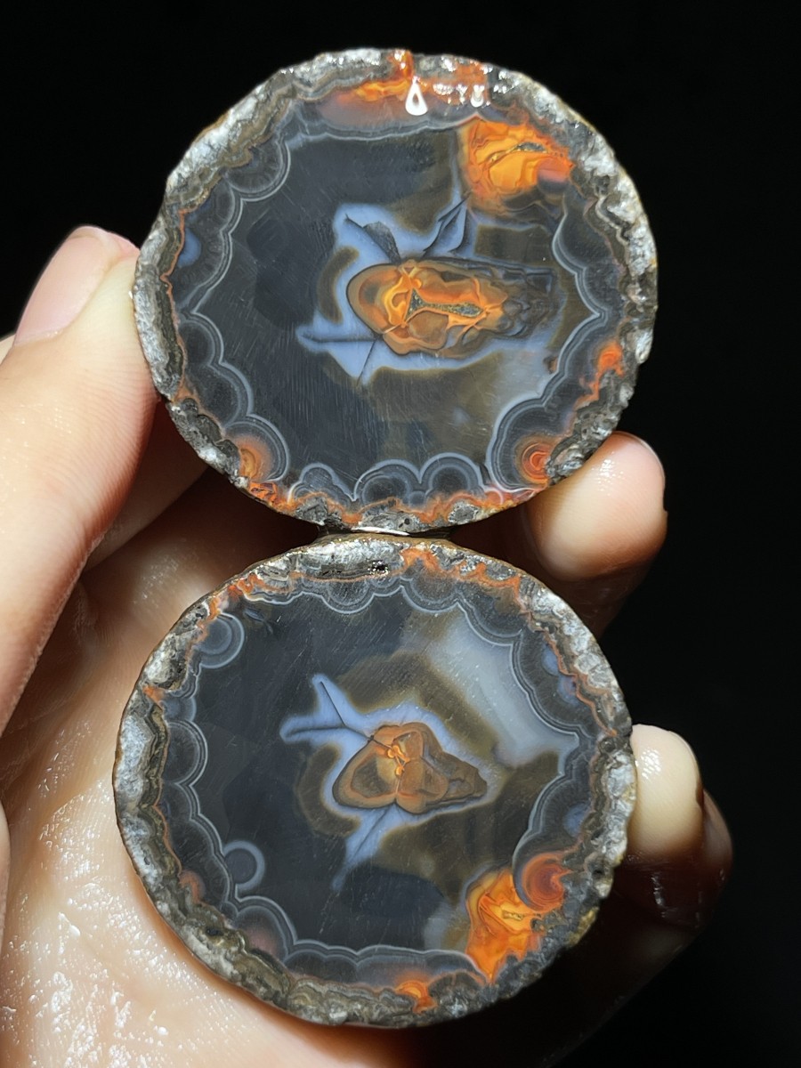 1pair Natural Warring States Red China Agate Crystal Geod Slices 74g A12