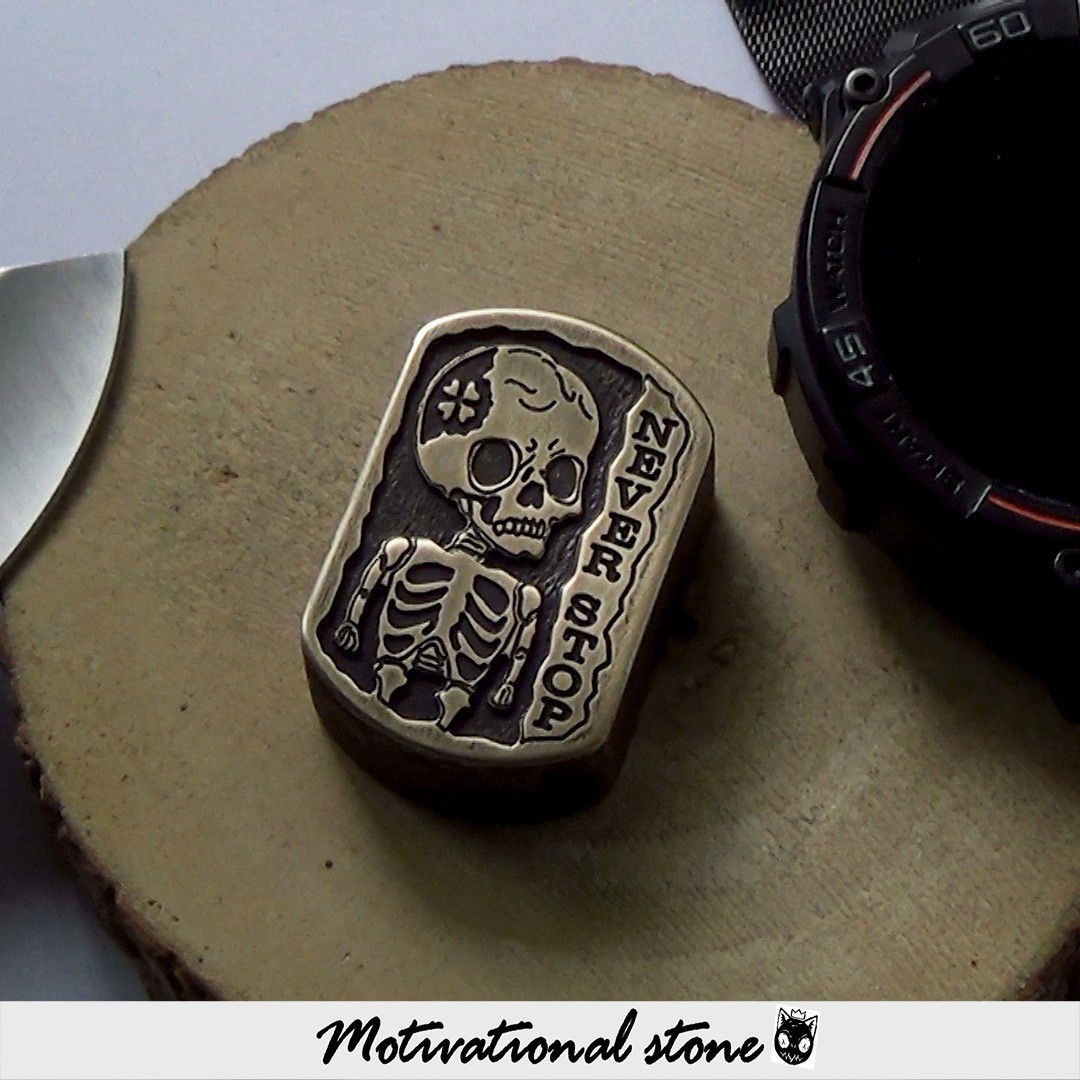 Brass Skeleton Motivational Coin Never Stop – Worry Stone Pocket Token Fidget To