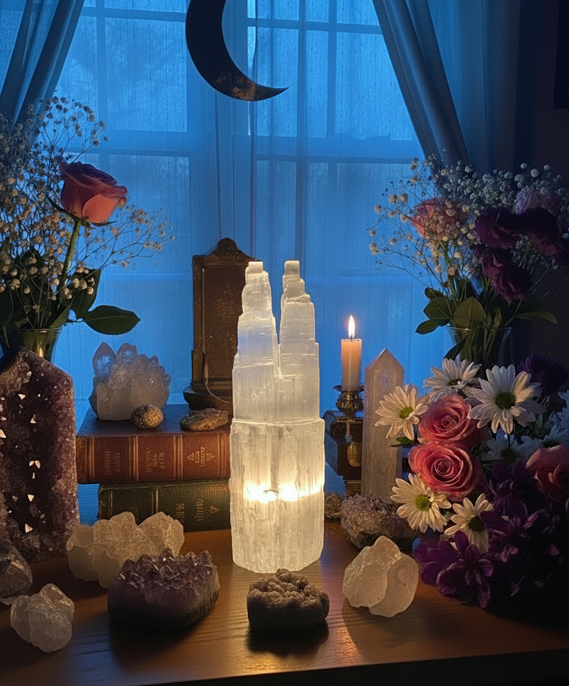 LARGE SELENITE CRYSTAL DOUBLE TOWER LAMP – STANDING DISPLAY HEALING CRYSTAL