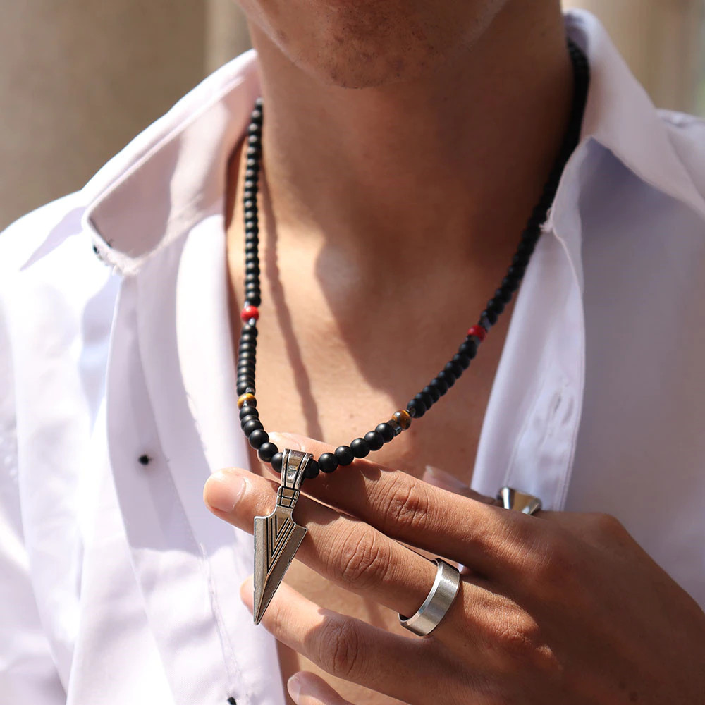 Men’s Fashion Jewelry Tiger Eye Stone Beaded Arrow Pendant Necklace Gift