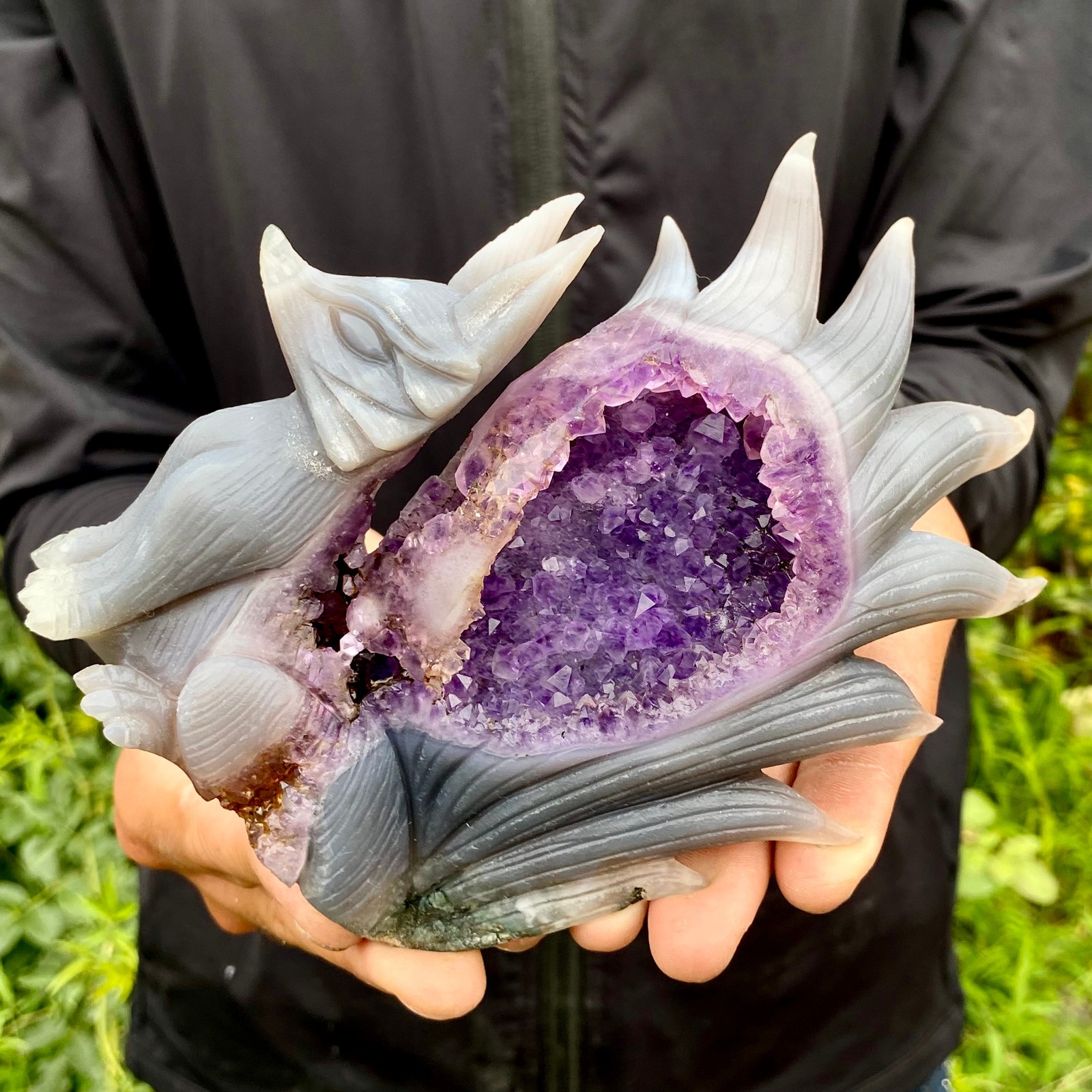 1.4LB Natural Amethyst Geode Hand Carved Nine-tailed Fox Quartz Crystal Decor