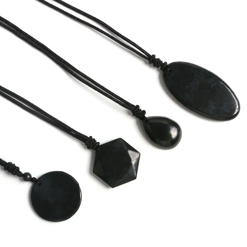 Shungite Stones Crystal Necklace Rope Pendant Reiki Healing Protection EMF Gift