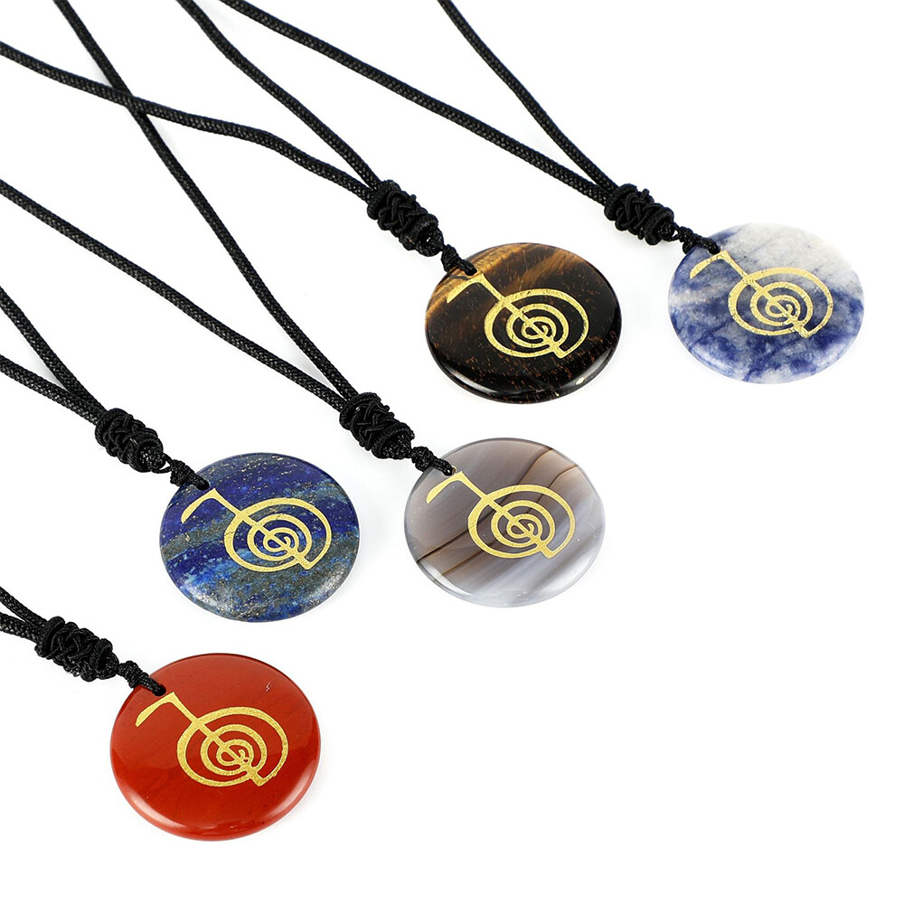 Natural Crystal Cho Ku Rei Quartz Necklace Stone Aura Symbol Round Pendant Reiki