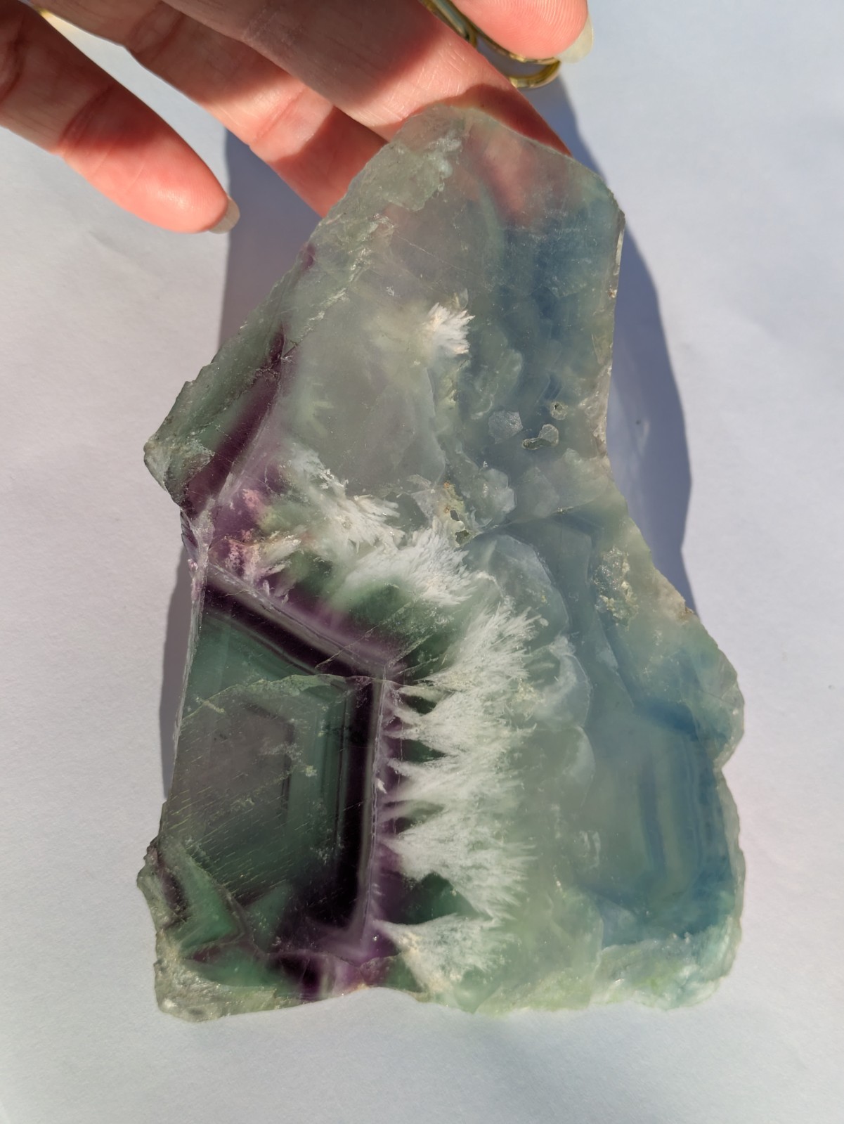 Purple Green Fluorite geometric banding w/snowflake feather slab crystal Unique!