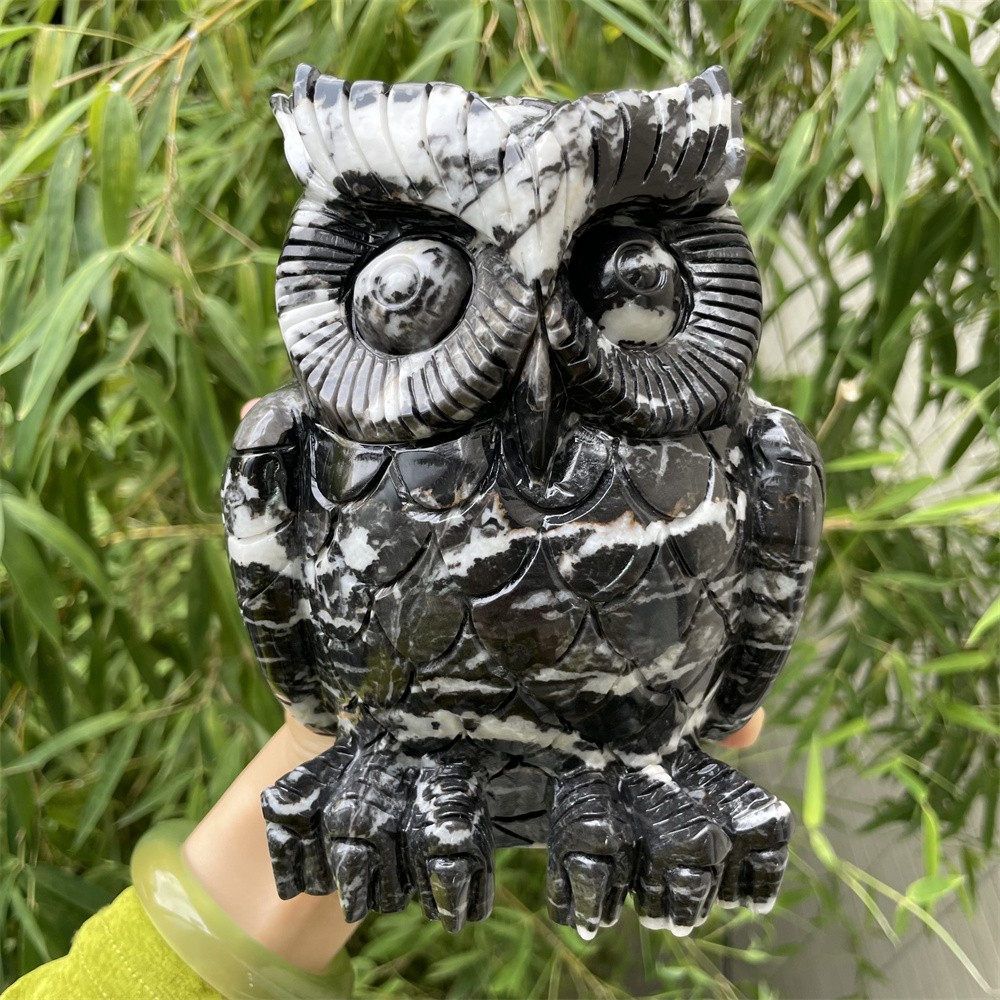 7.1LB 6.1″ Black And White Zebra Jasper Owl Statue Crystal Reiki Carving Decor
