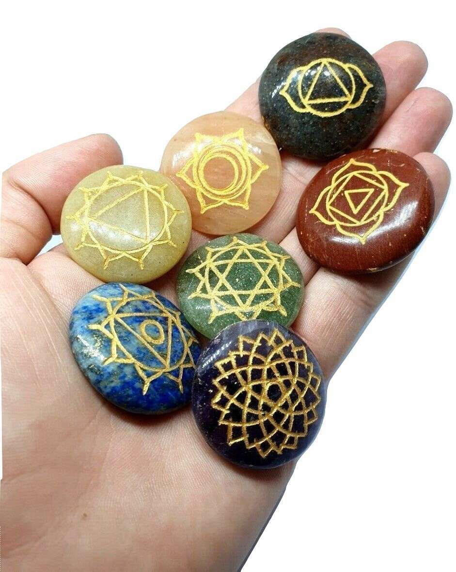 7 Chakra Gemstone Set Genuine Crystal Healing Reiki Round Set Carved Stone & Bag