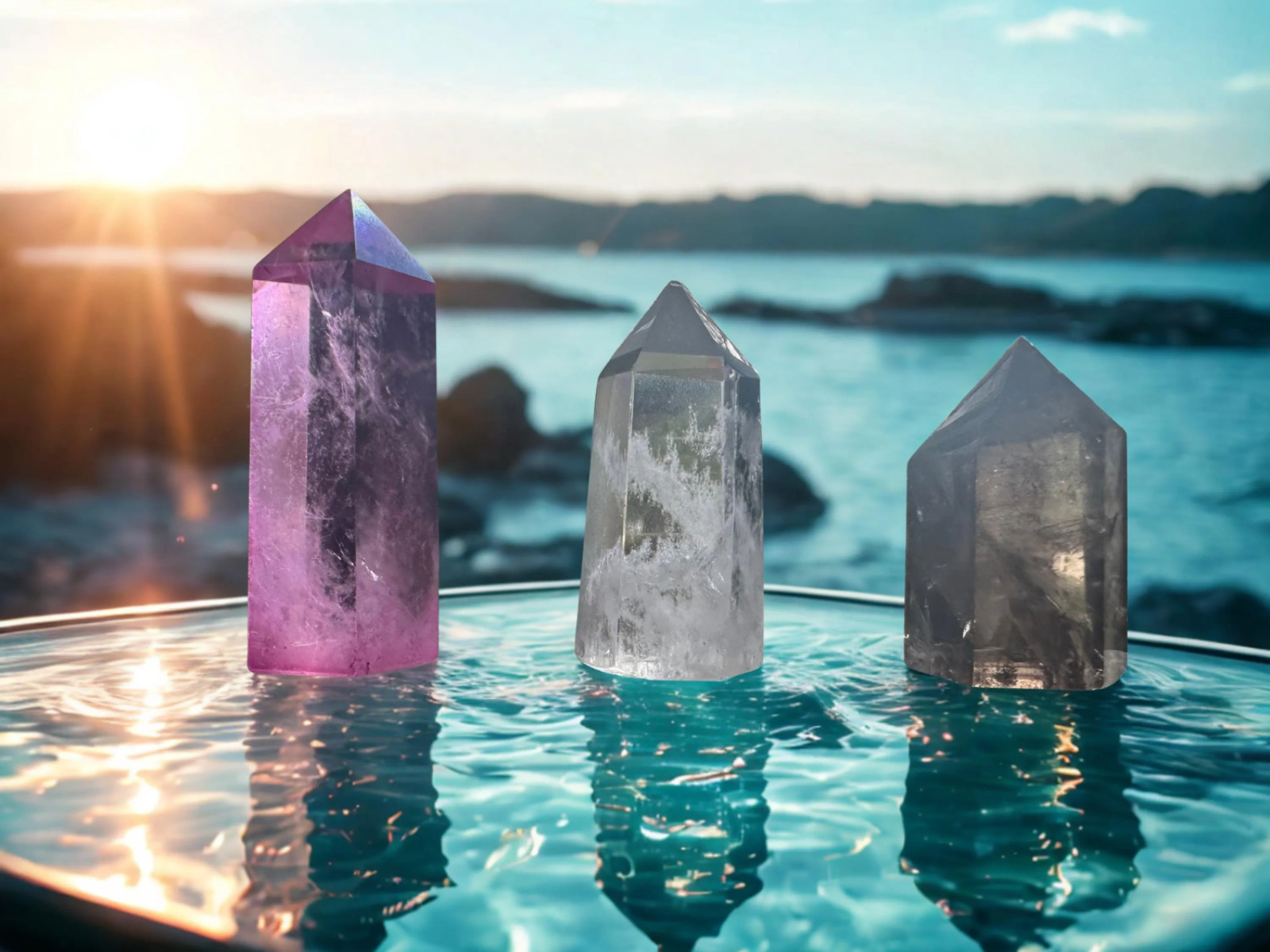 Desk Crystal Set: Selenite, Clear, Smoky, Pink Aura Quartz Towers