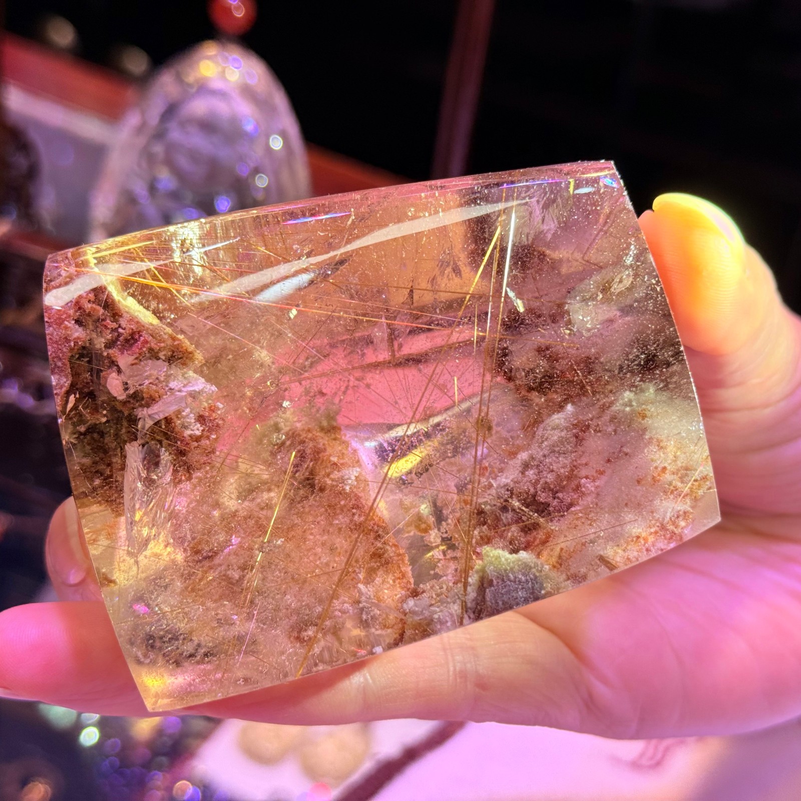 450g top natural Sphalerite gold hair clear crystal with phantom quartz healing