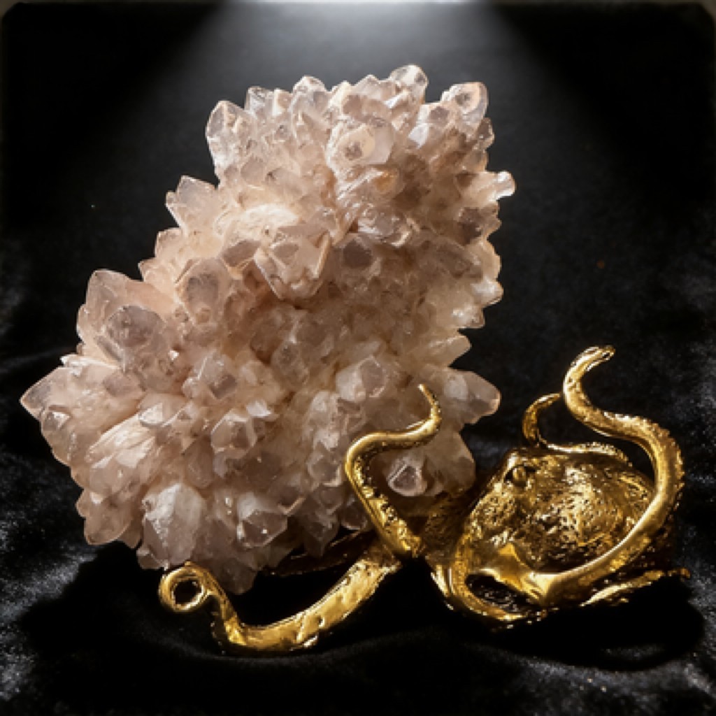 3in Natural Clear Quartz Cluster Sculpture with Metal Octopus Base Decor Piece
