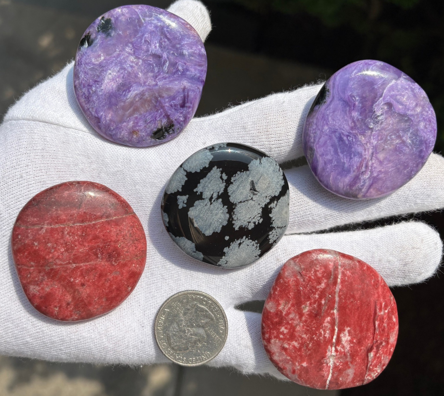 USA SALE 149g LOT 5 PALMSTONES THULITE CHAROITE THICK POCKET PALM STONES LARGE