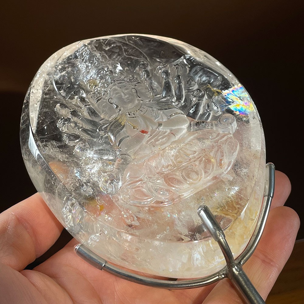 Clear Quartz Guan Yin Carving with Natural Red Fire Quartz & Rainbows Buddha
