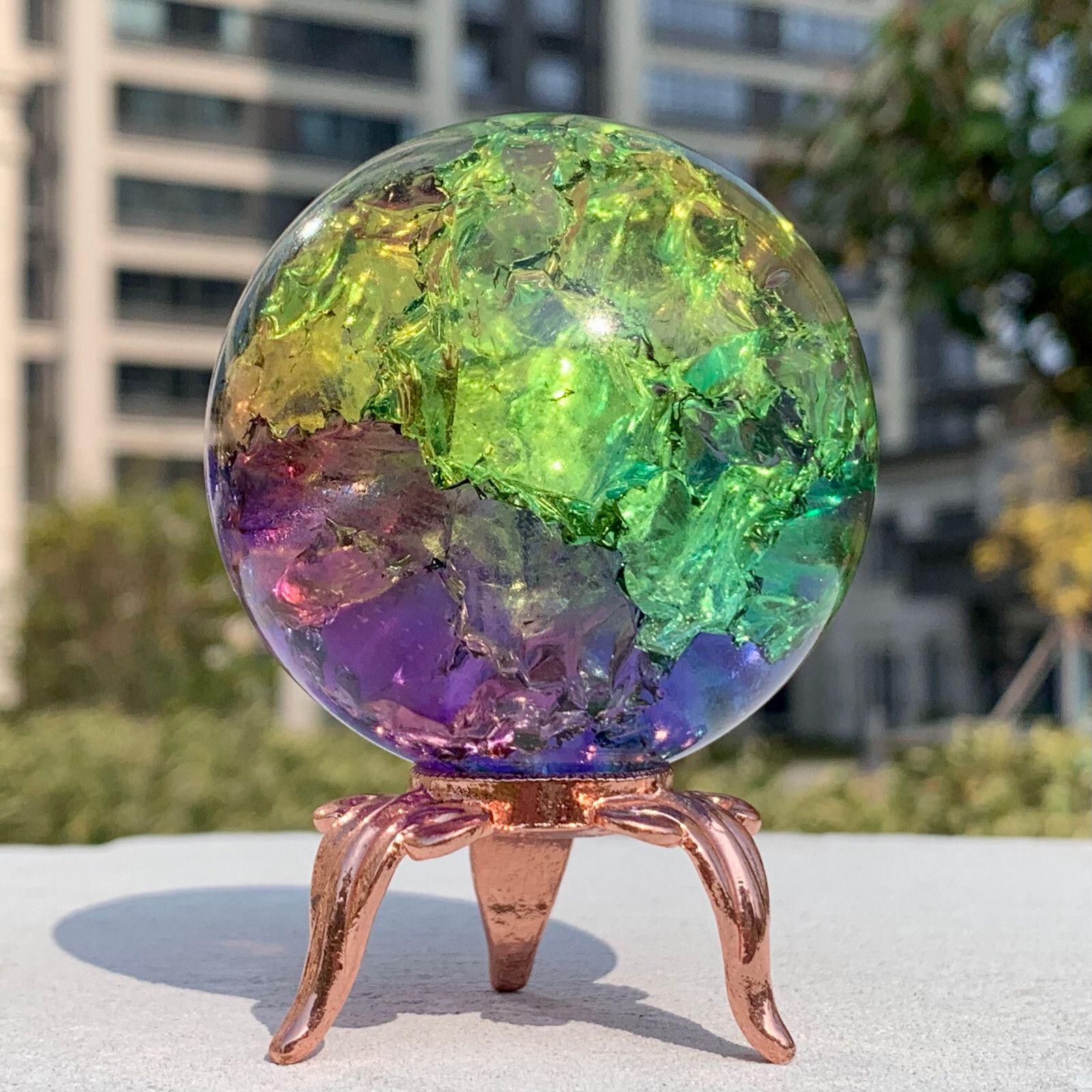279G Natural Titanium Rainbow Quartz sphere Crystal ball Healing+stand