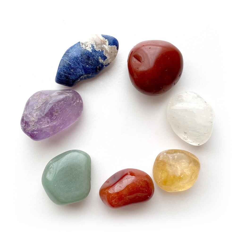 7 Chakra Crystal Healing Tumbled Stones & Carry Pouch, Clear Quartz, Amethyst