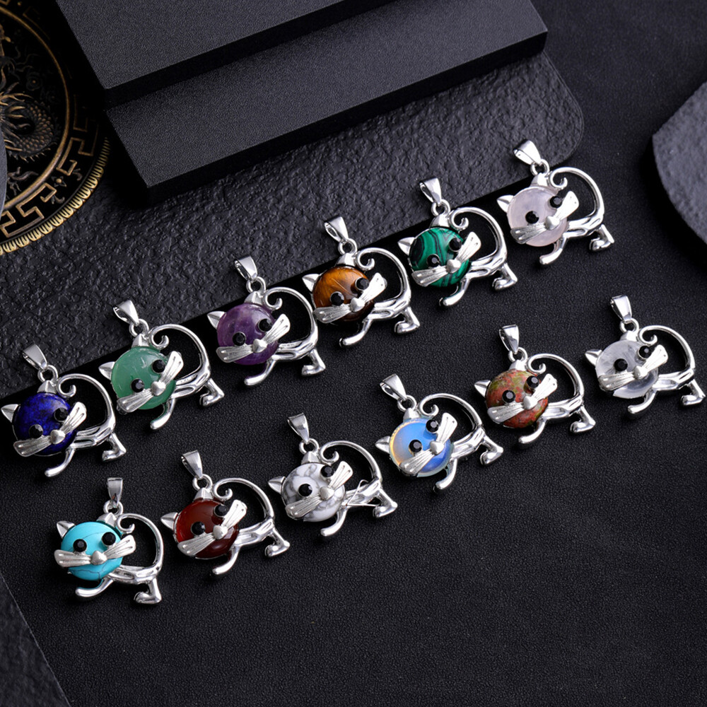 1pc Mini Cat Bowknot Crystal Pendant Chakra Quartz Gemstone Reiki Healing Gift