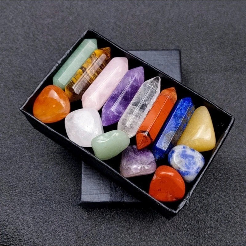 14pcs Pointed Quartz Crystal Chakra Healing Stones and Crystals Set Hexagon Rose