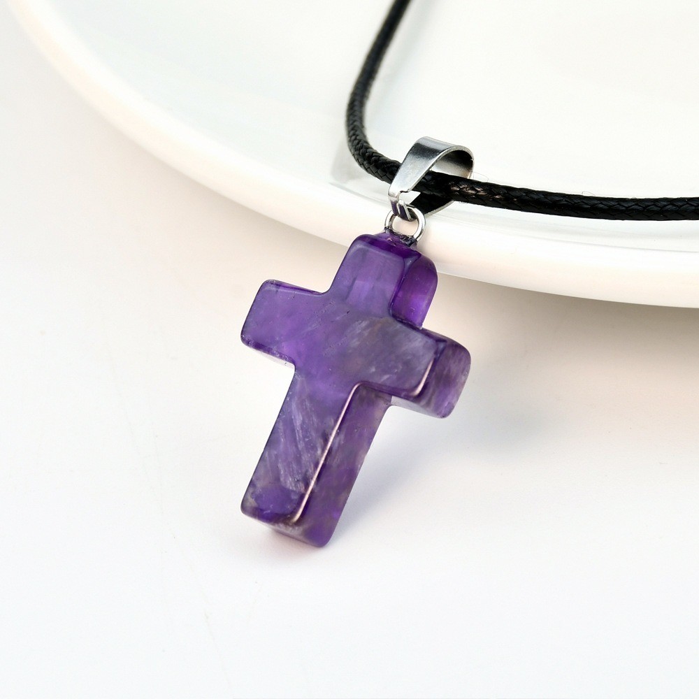 Fashion Crystal Cross Pendant Necklace Mixed Charms on Leather Rope Jewelry