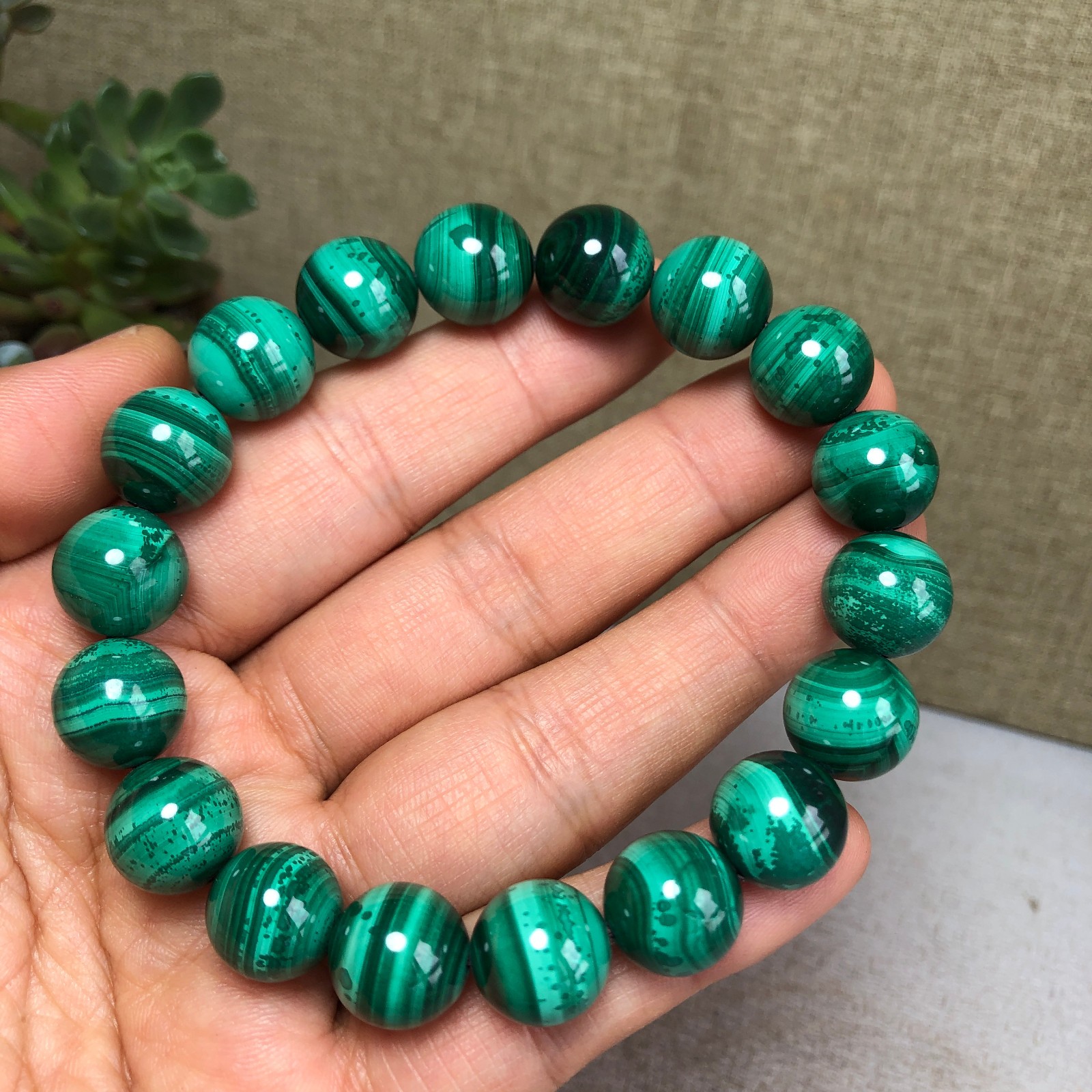 12mm Natural malachite gemstone Crystal chain beads bracelet 67g A4759