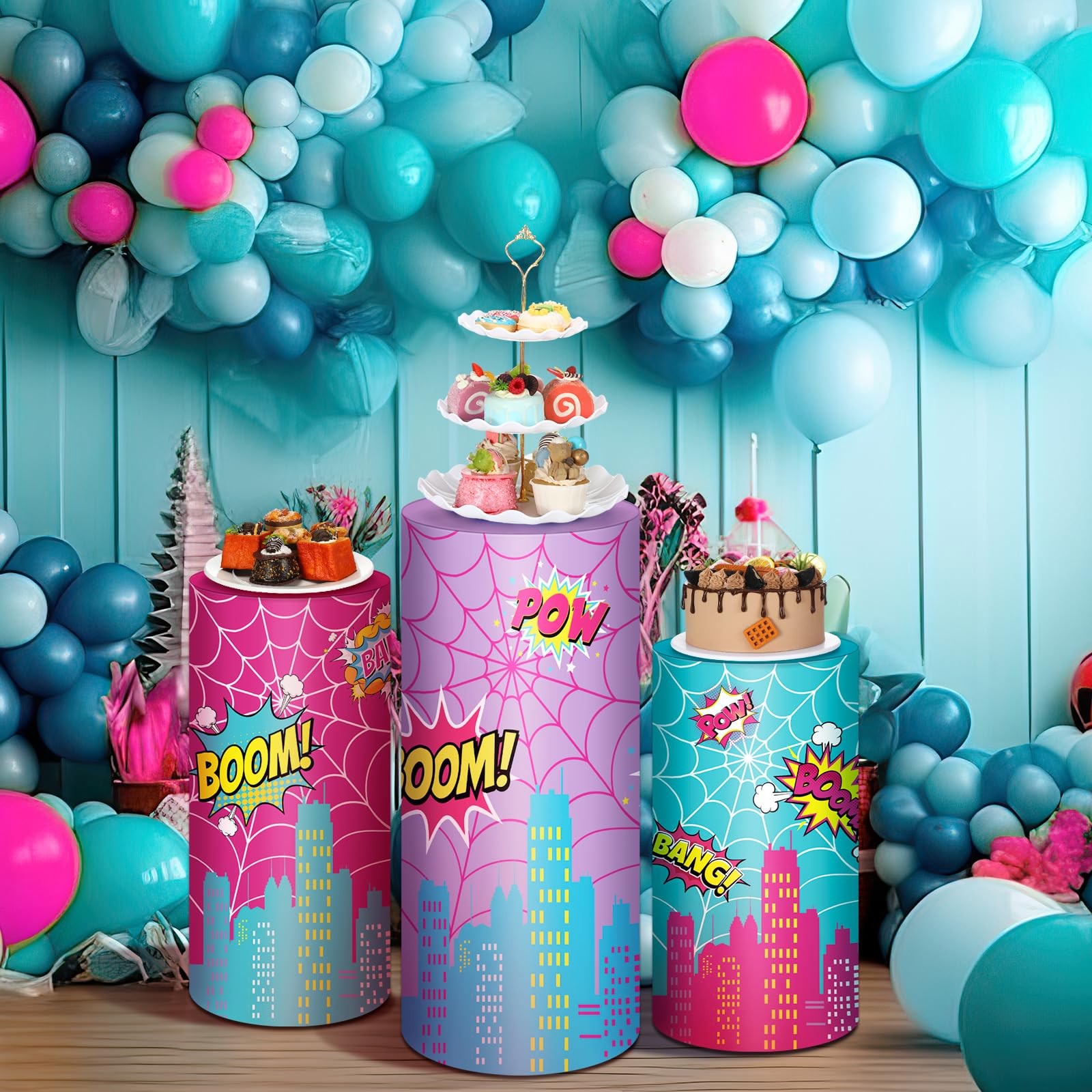 3 Pcs Spider Theme Cylinder Pedestal Stand Covers City Hero Theme Party Suppl…