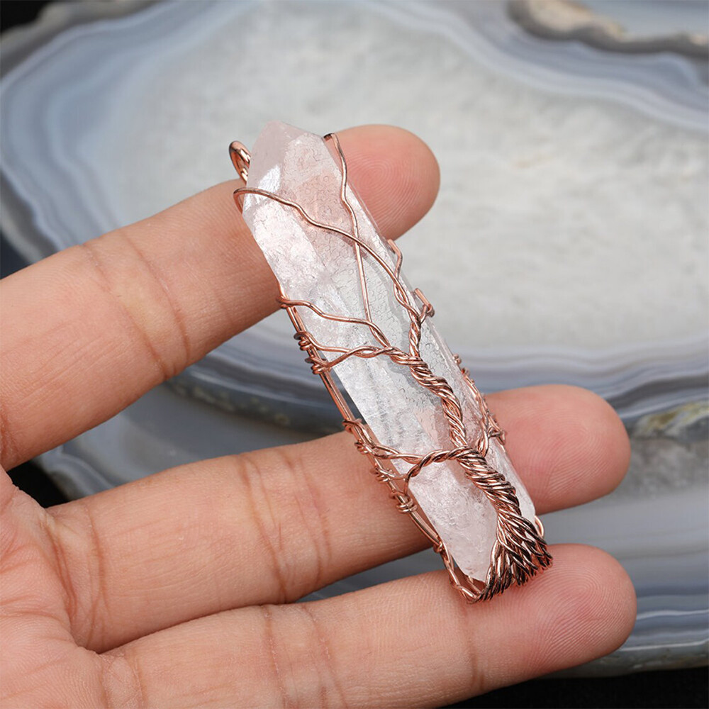 1pc Tree of Life Clear Quartz Point Necklace Pendant Wire Wrapped Copper Crystal