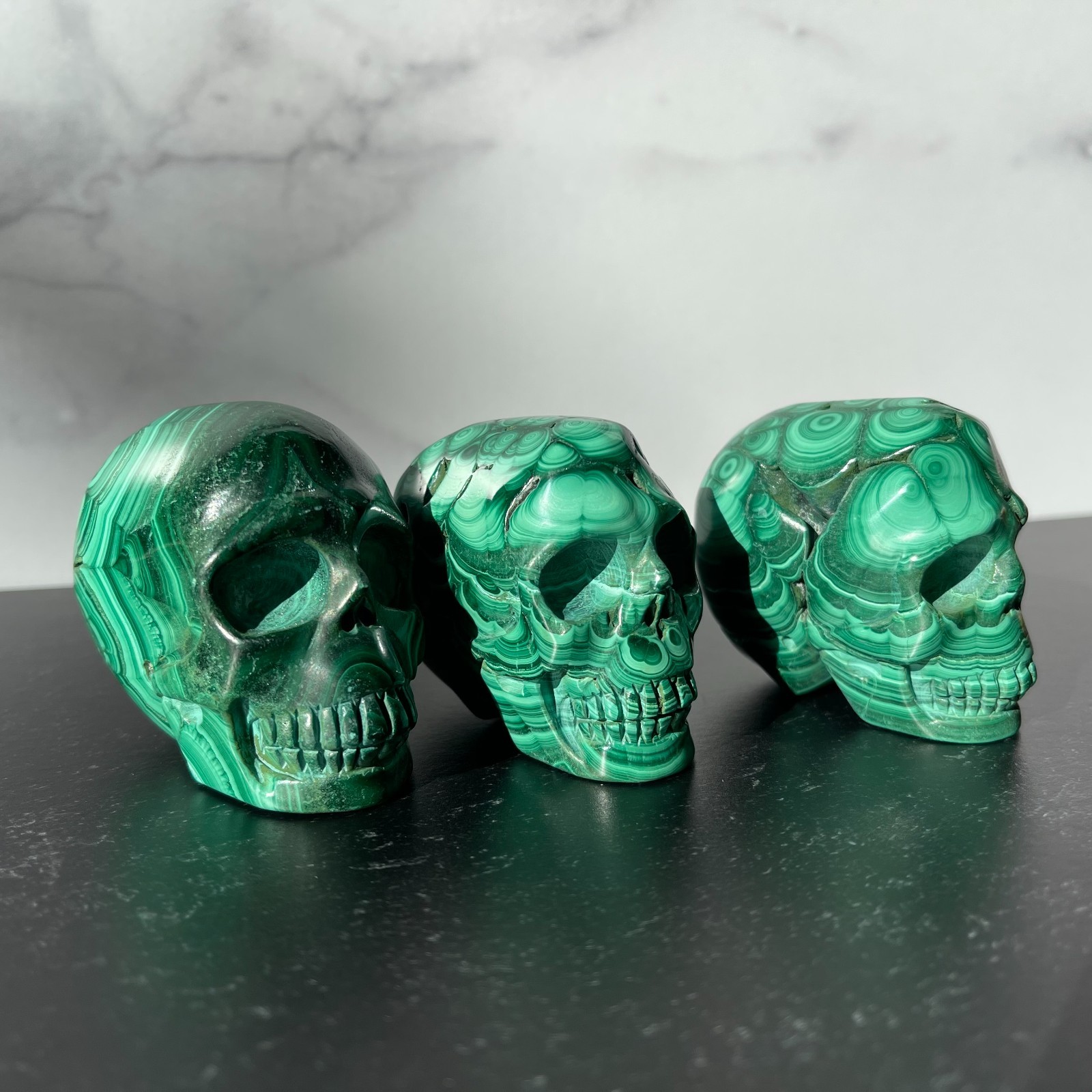 Natural Malachite Skull Crystal Carving Green Banded Stone 2.5in 11oz