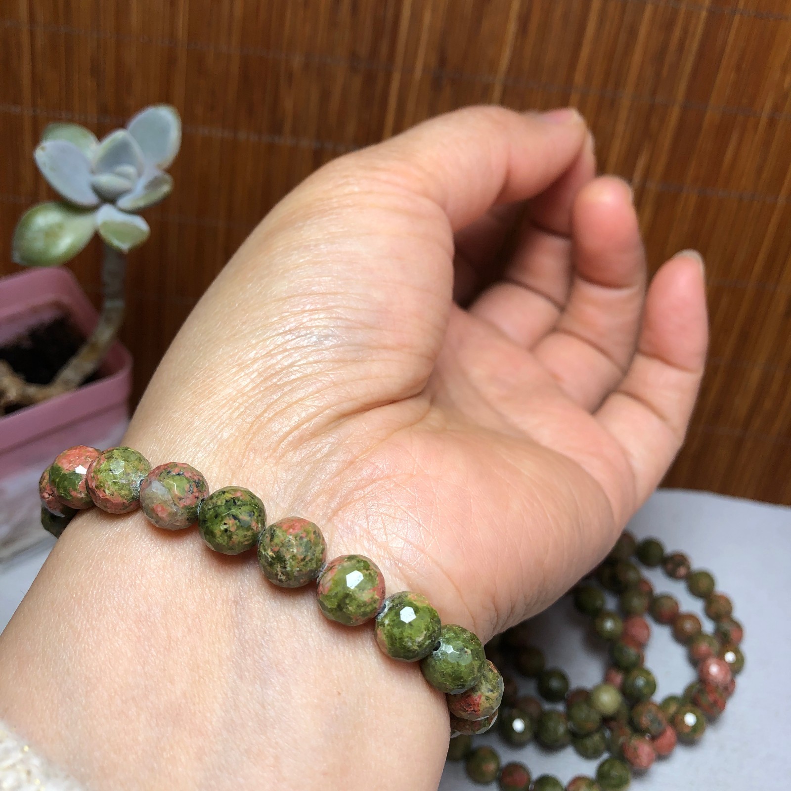 5Pcs Wholesal Natural Polish Unakite stone bracelets Crystal ball 8mm facet 3427