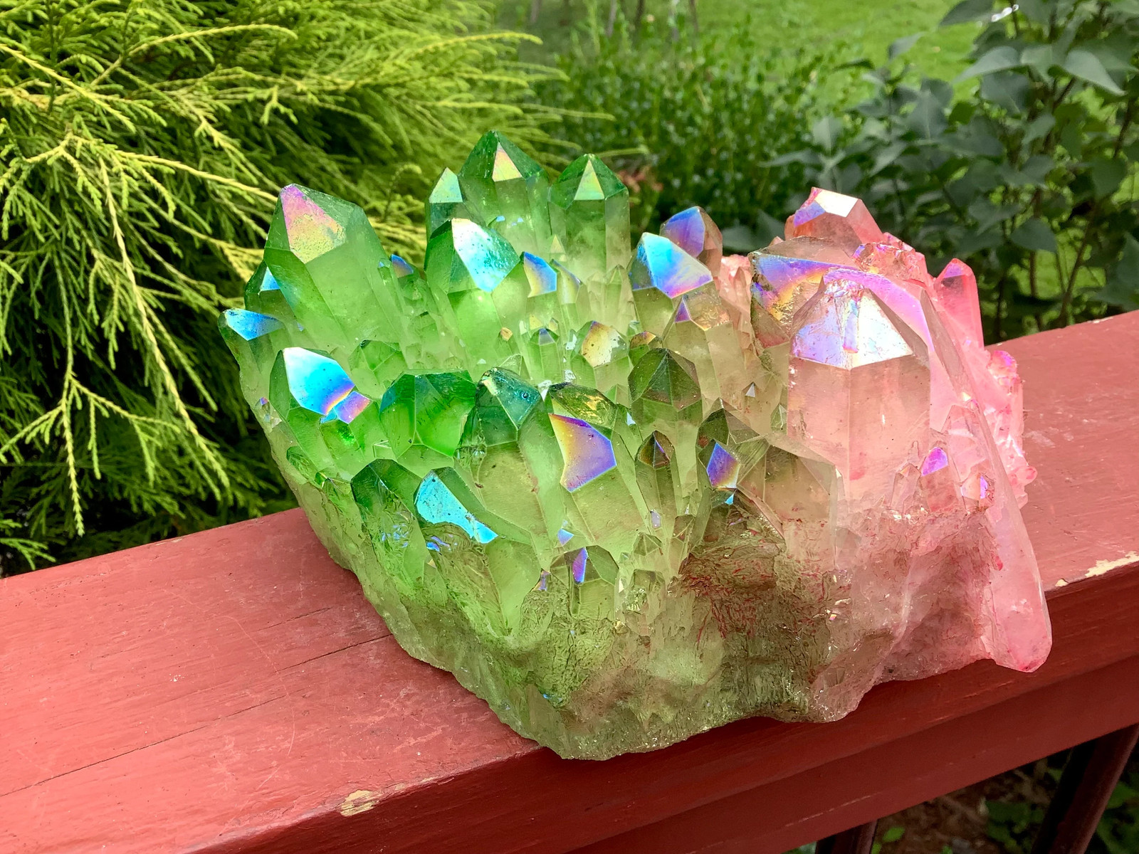 Electric Pink & Green Aura Quartz Crystal Cluster ~ Large 3 Lb. 15 oz. ~ 7″ Lon
