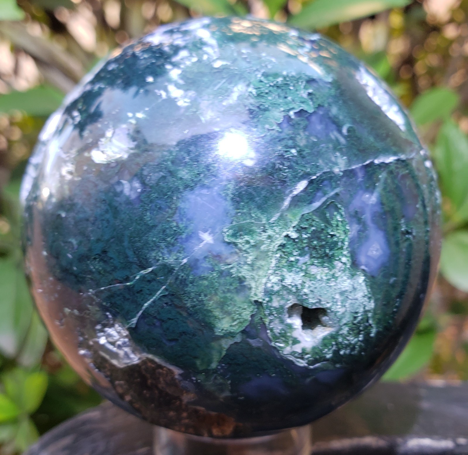 3″ Green Moss Agate Quartz Crystal Mineral Semi-Polished Sphere Ball Orb UV,532g